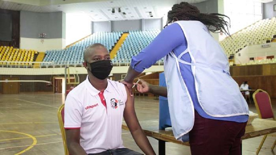 Football Kenya Federation President Nick Mwendwa gets his jab of the AstraZeneca COVID-19 vaccine at the Kasarani Stadium on Saturday, April 10, 2021.