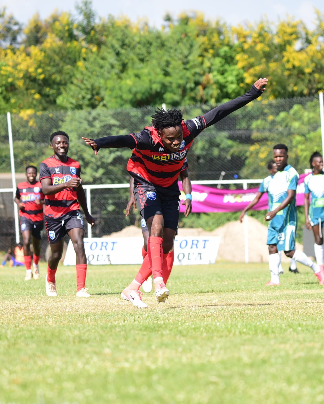 Ovella Ochieng celebrating a goal against KCB helping Fred Ambani side win 4-2.
