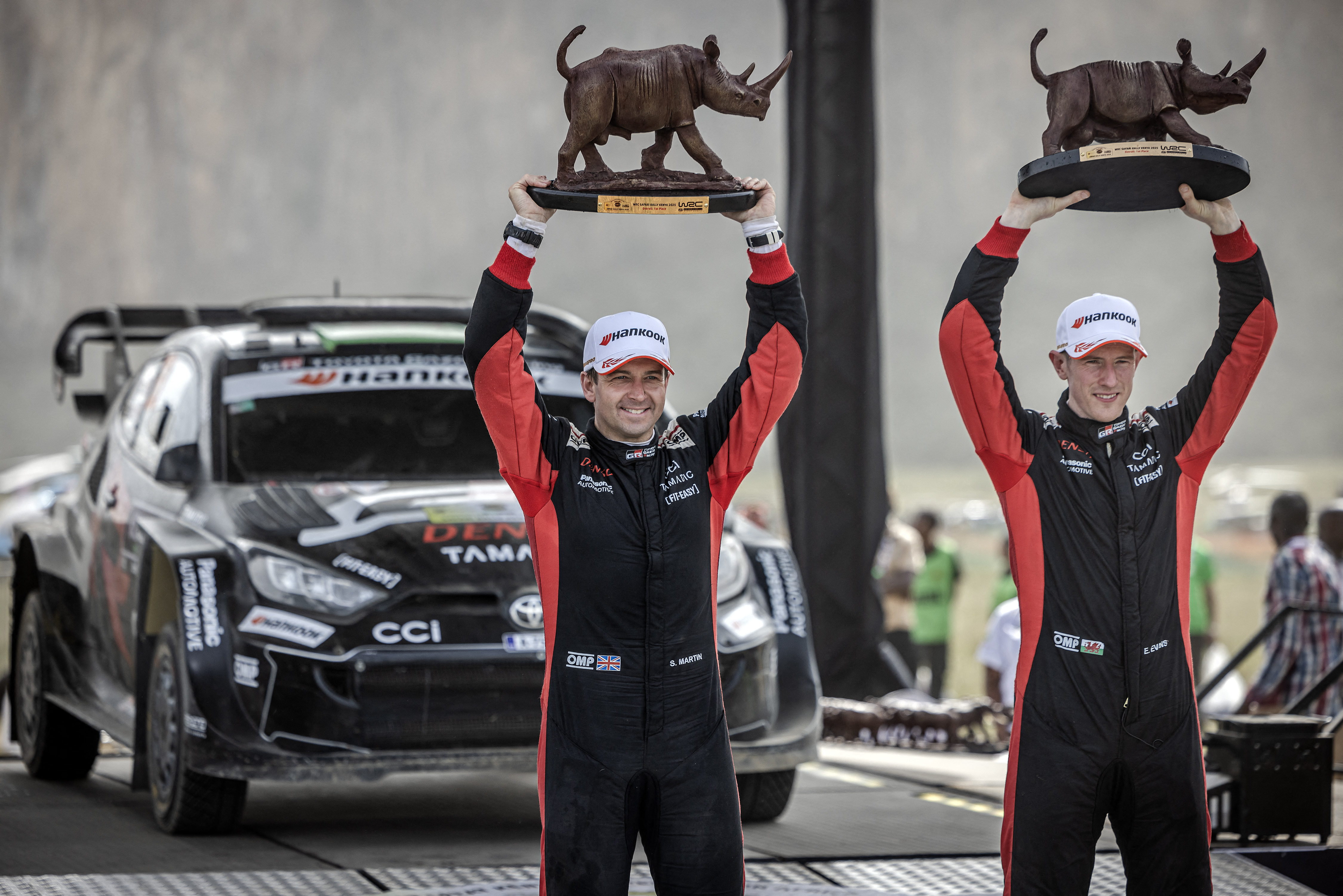 Elfyn Evans and co-driver Scott Martin celebrate WRC Safari Rally victory