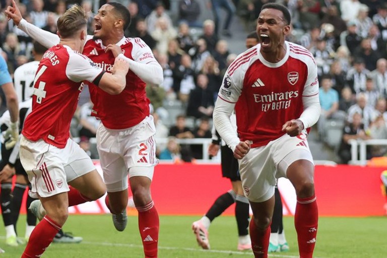 Gabriel celebrates after scoring the winner in the Newcastle vs Arsenal Premier League clash