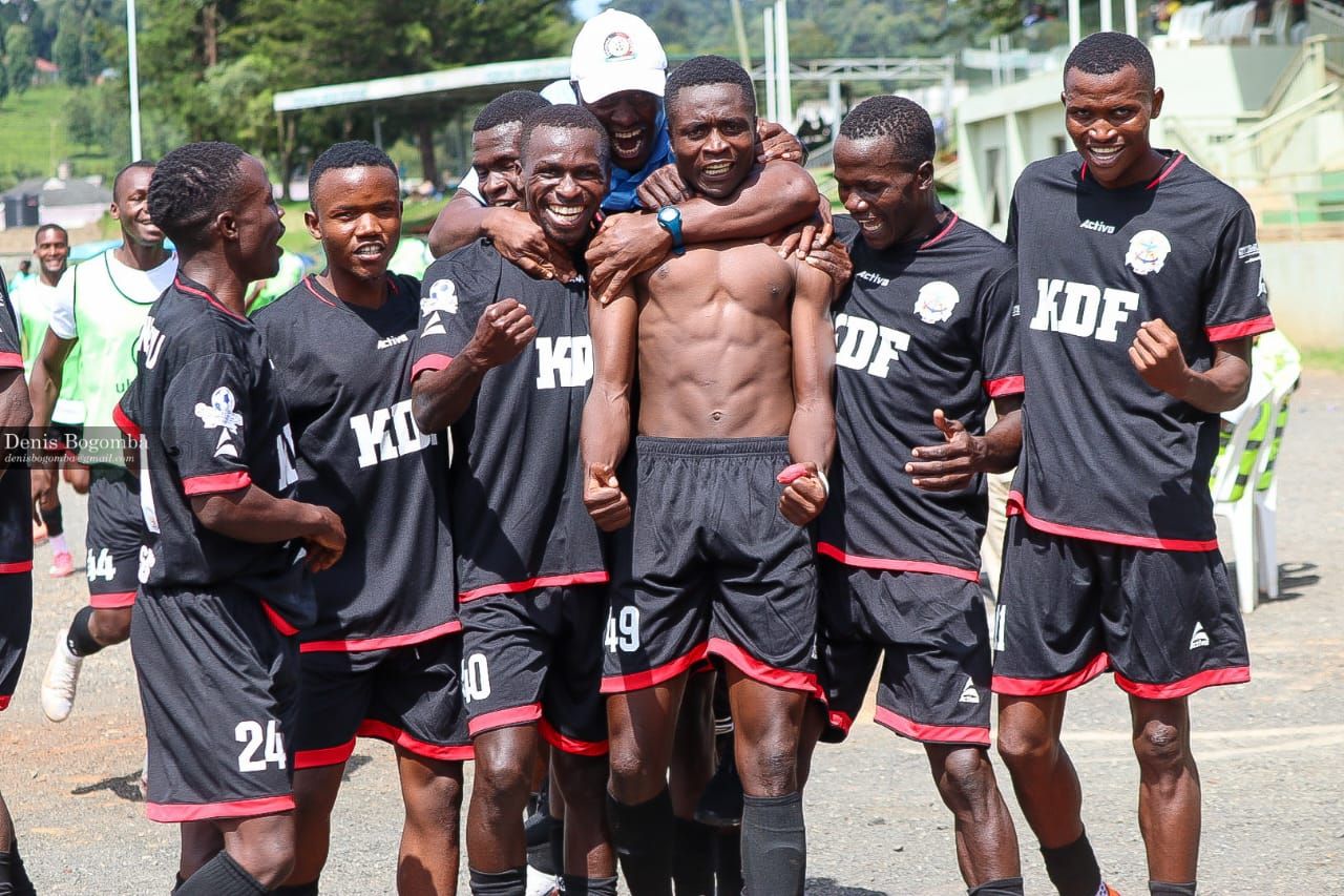 Paul Odhiambo celebrates after scoring in the APS Bomet vs Ulinzi Stars game