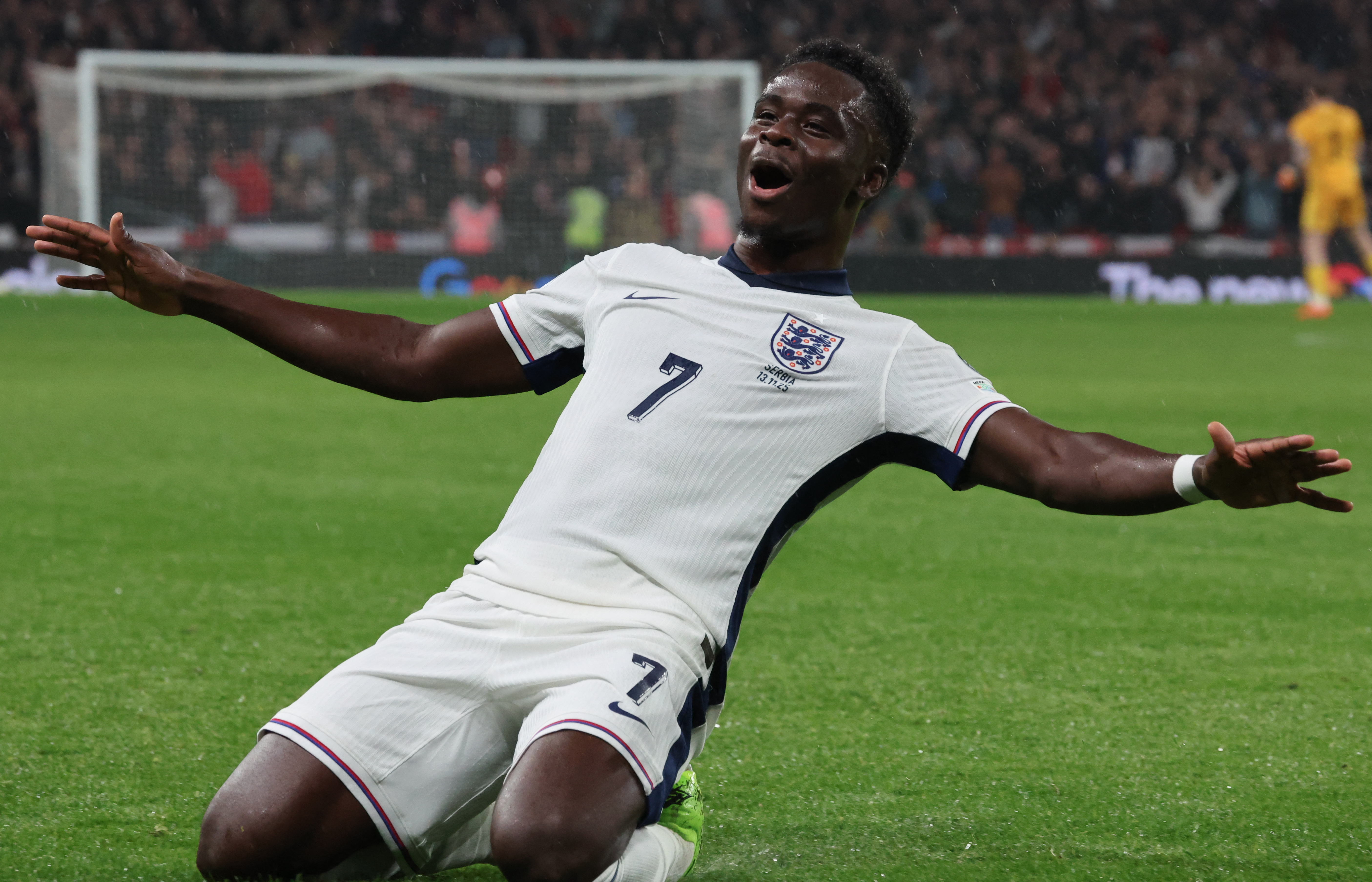 Saka celebrates after scoring in the England vs Serbia game