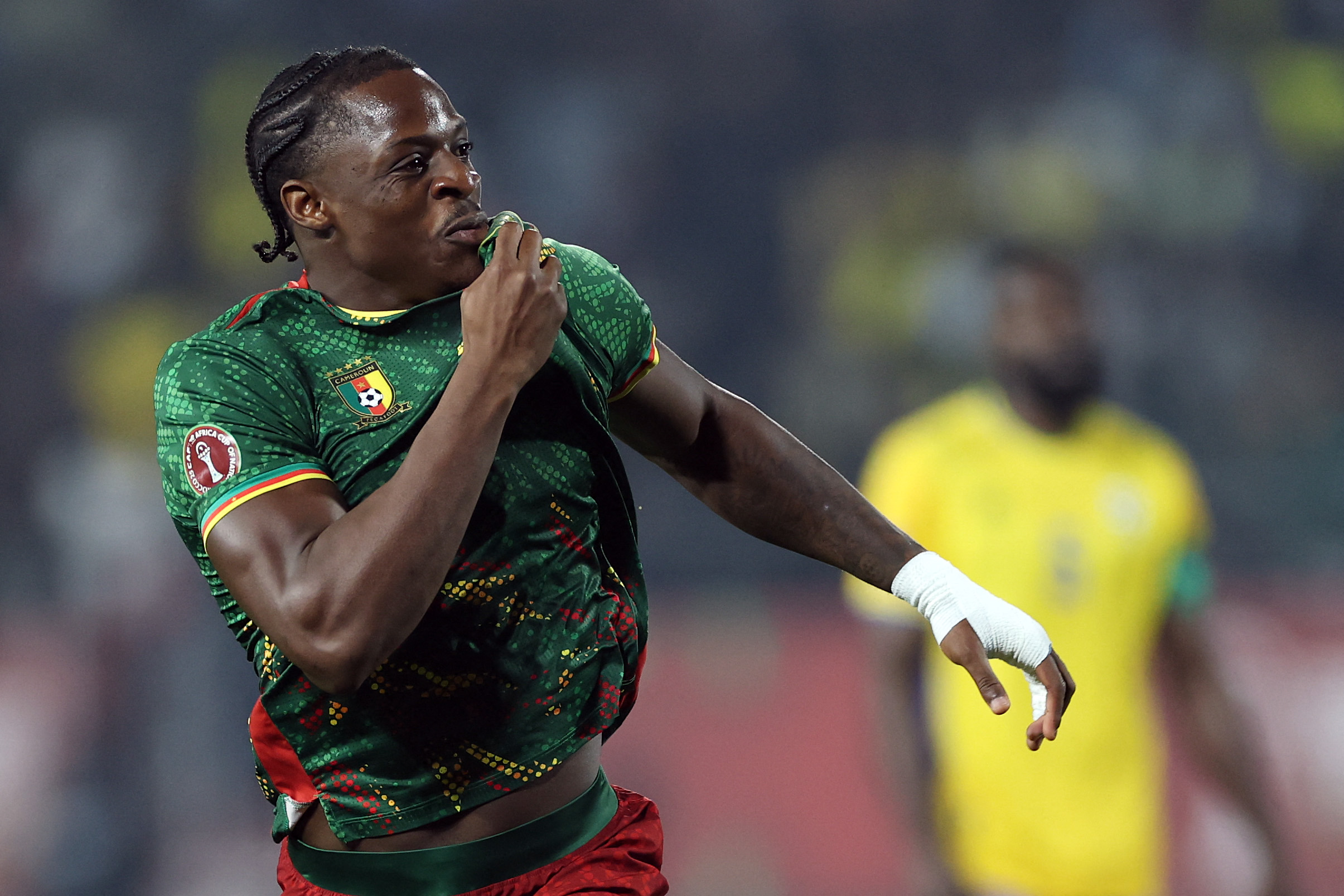 Karl Etta Eyong celebrates after scoring in the Cameroon vs Gabon clash