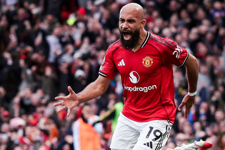 Bryan Mbeumo celebrates after scoring in Man United vs Man City derby