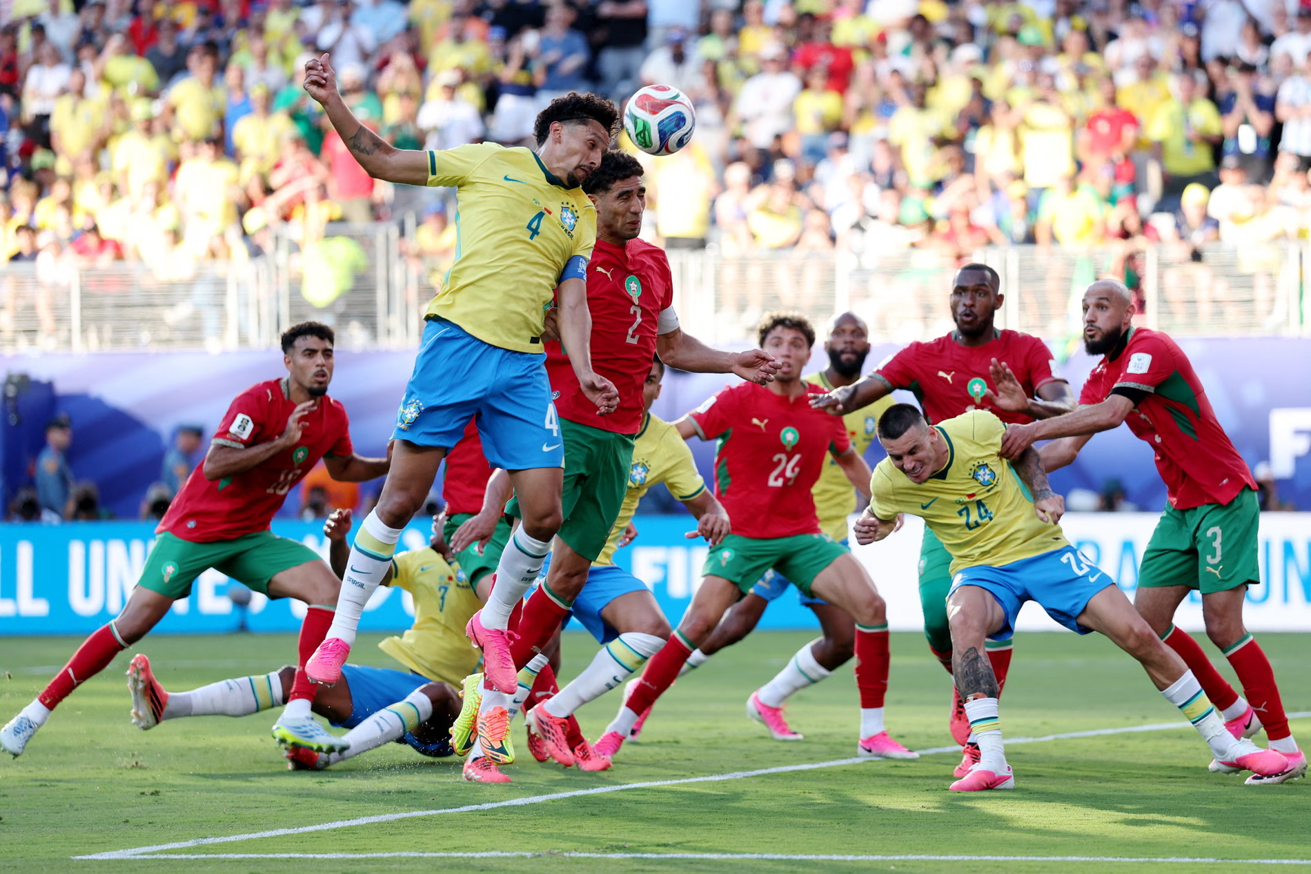 Brazil vs Morocco: Marquinhos gets the flick on in the Morocco box but the chance comes to nought. Photograph: John Sibley/Reuters