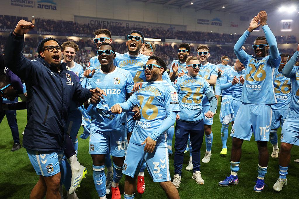 Coventry City players celebrate promotion to the Premier League in 2026