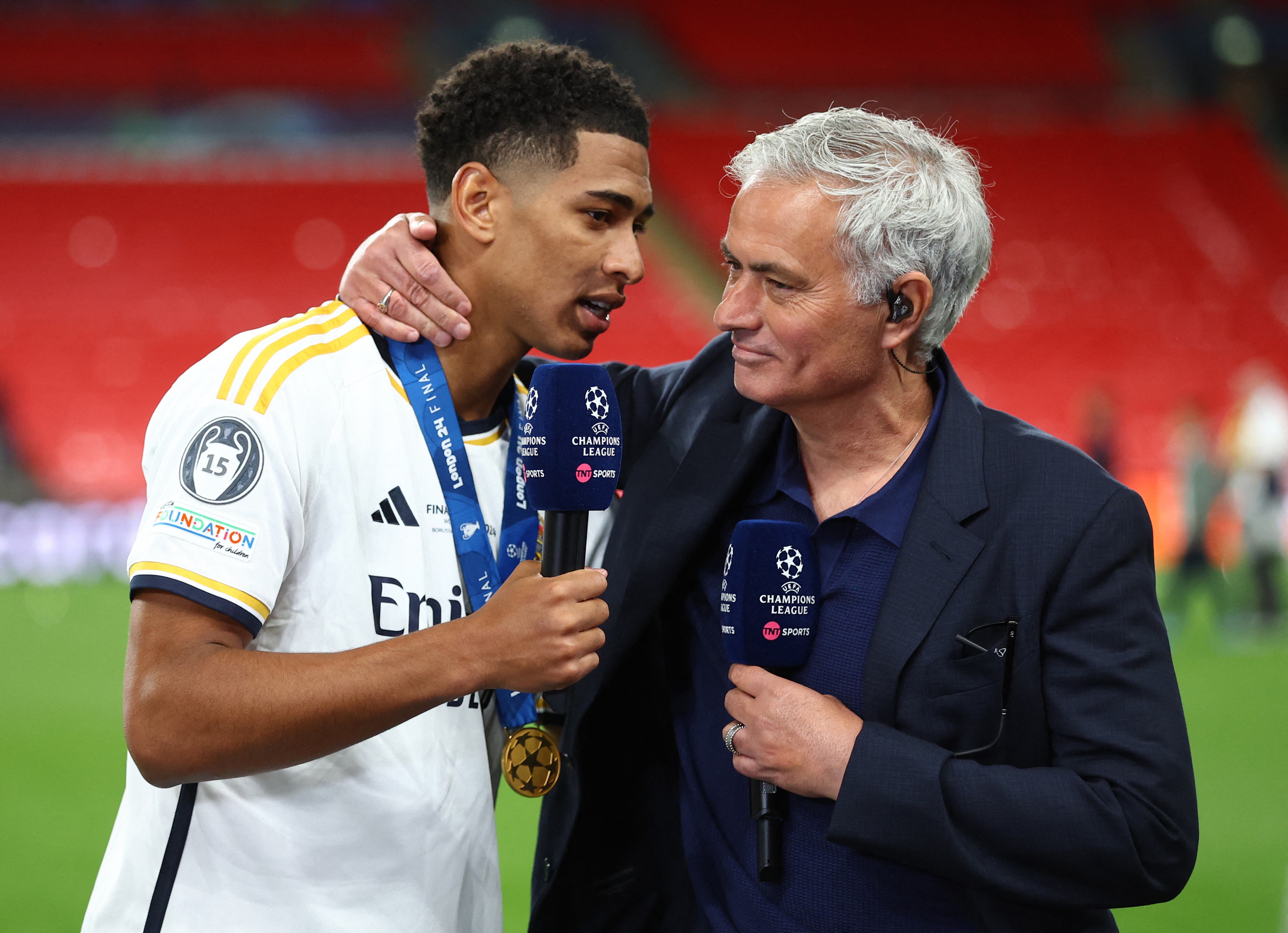 Real Madrid star Jude Bellingham shares a post-match moment with José Mourinho after winning the 2024 UEFA Champions League Final.